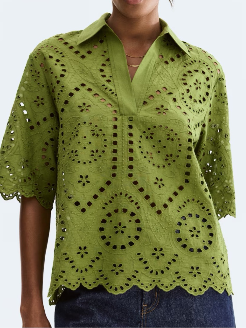 H&M Olive Green Eyelet Collared V-Neck Blouse